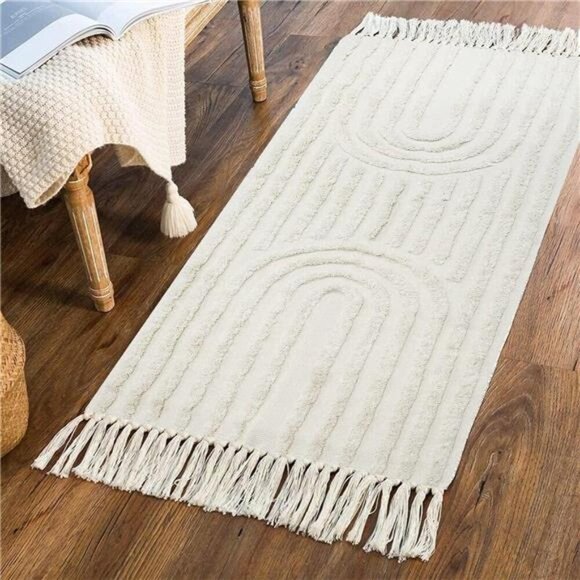 Boho Kitchen Runner Rug 2'x4' Cotton Laundry Room Rug Beige Rainbow Rug - Picture 3 of 7